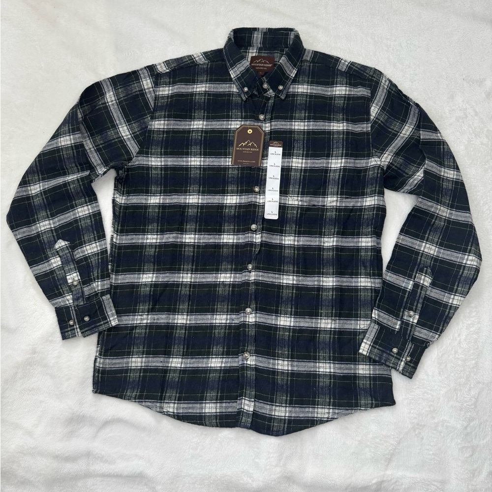 NWT Green Navy White Mountain Ridge Plaid Casual Button Down Flannel Shirt